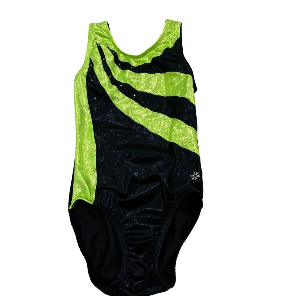 Snowflake Designs Shiny Black & Green Gymnastics Leotard Large